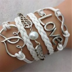 สายรัดข้อมือหนัง หัวใจคู๋ พร้อมไข่มุก กับปีกนก-013-1