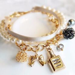 สายร้ดข้อมือแฟชั่น สามเส้นด้วย ไข่มุก โซ่ และผ้า-015-2