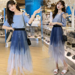 2 Set - เดรสเว้าไหล่+กระโปรงไล่สี-610