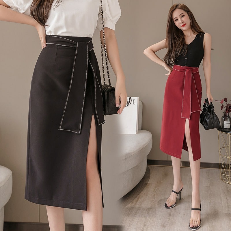 กระโปรงทรงตรง มีสายผูก-828 กระโปรงทรงตรง มีสายผูก-828